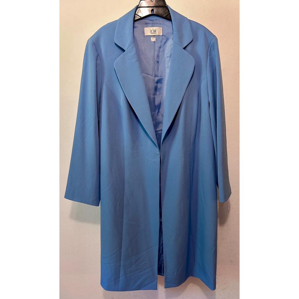 Le Suit Woman Blue Longline Blazer Coat Open Front Plus Size 16W Notched Lapel